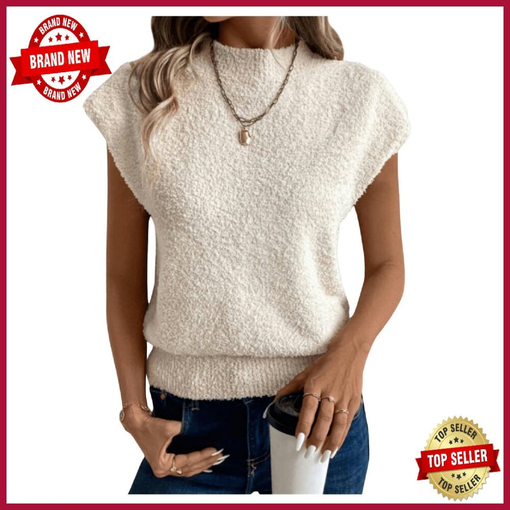 Mock Neck Fuzzy Sweater Vest Cap Sleeve Pullover Knit Top
